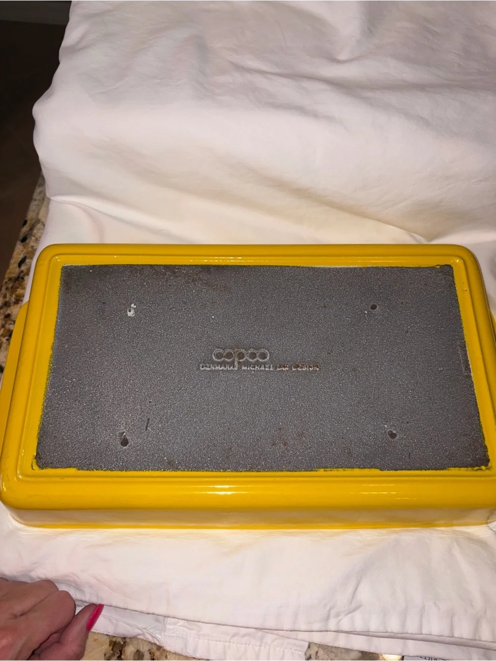 vintage 1970’s Copco Michael Lax, yellow enamel cast iron casserole pan MCM